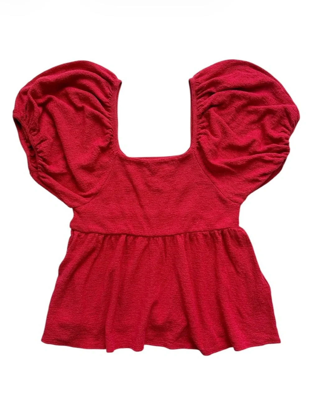 Madewell Red Puff Sleeve Square Neck Peplum Cotton Peasant Top Size XXS